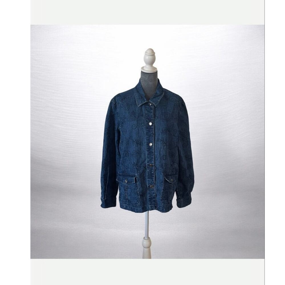 Alfred Dunner Cotton Blend Blue Denim Jacket Coat Pockets Size 16